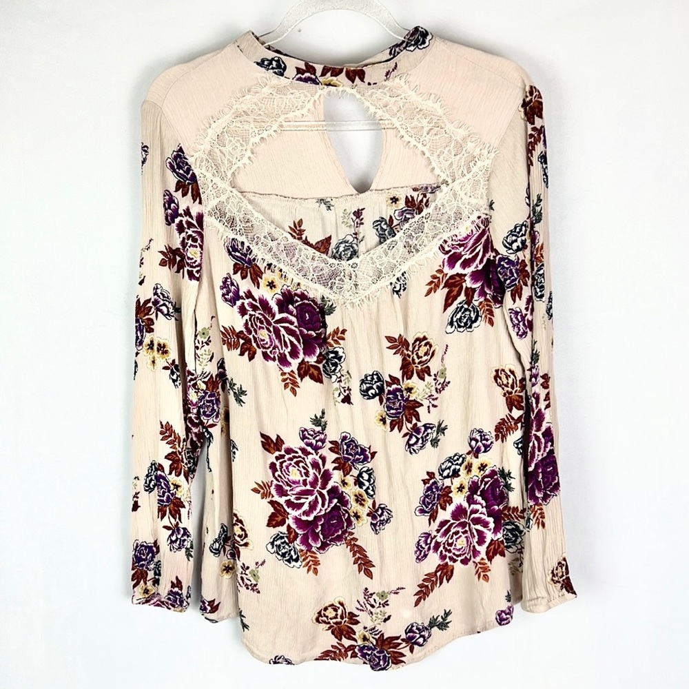 BEBOP | 💐Floral Print Lace Trim Round Collar Long-Sleeved Loose Lightweight Top